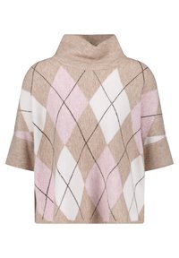 Maglione dolcevita in morbido beige, con motivo a diamante in rosa e bianco. Maniche corte e silhouette rilassata. Tessuto a maglia strutturato.