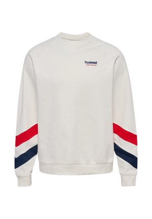 White crewneck sweatshirt with red and navy diagonal stripes on sleeves and "hummel SPORTSWEAR" logo on chest.