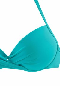 Türkiser Bikini-Oberteil aus glattem, dehnbarem Stoff. Verfügt über ein gedrehtes Vorderdesign mit dünnen, verstellbaren Trägern.