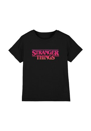 Black cotton t-shirt featuring a gradient pink to orange "STRANGER THINGS" graphic centered on the front. Classic crew neck design.