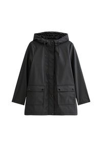 Czarna kurtka przeciwdeszczowa z kapturem, zatrzaskami, sznurkiem, dwiema przednimi kieszeniami i gładką wodoodporną powierzchnią.