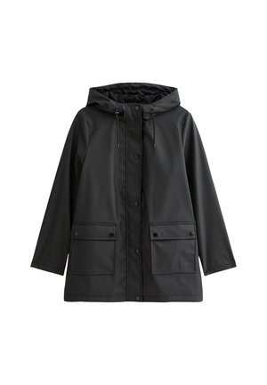 Giacca da pioggia nera con cappuccio, bottoni a pressione, cordoncino, due tasche frontali e un'esterno impermeabile e liscio.