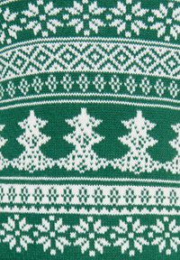 Maglione verde a maglia con motivi bianchi di fiocchi di neve e alberi, con una finitura texturizzata e design geometrici disposti in fasce orizzontali.