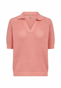 Light pink knit polo sweater with a V-neck, short sleeves, and ribbed hems. Features an open weave design for breathability.