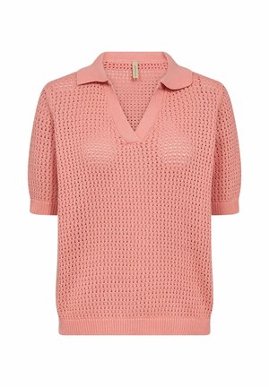 Light pink knit polo sweater with a V-neck, short sleeves, and ribbed hems. Features an open weave design for breathability.