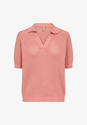 Gaiši rozā adīta polo džemperis ar V-veida kaklu, īsām piedurknēm un ribotām apakšmalām. Izceļas ar atvērta auduma dizainu, kas nodrošina gaisa caurlaidību.