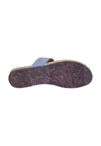 Light blue slide sandal with a cork base and a textured, multicolored rubber sole. Features a smooth upper strap design.