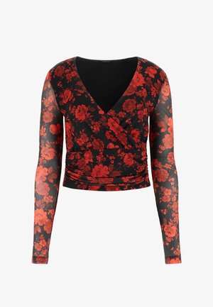Czarna bluzka kopertowa z długimi przezroczystymi rękawami w czerwone kwiatowe wzory. Dekolt w kształcie litery V z marszczeniem w talii dla dopasowanego efektu.