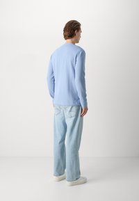 T-shirt azzurro chiaro a maniche lunghe con scollatura a girocollo, abbinato a jeans larghi in lavaggio chiaro e sneakers bianche. Design semplice, senza motivi.
