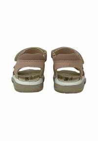 Sandali per bambini di colore rosa chiaro con doppie cinghie in Velcro, retro aperto e suola bianca testurizzata. Presentano una soletta perforata per la traspirabilità.