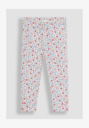 Gyerek fehér leggings, apró piros, rózsaszín, kék és zöld virágmintával, két kis gombbal a bokák közelében.