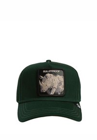 Green cap featuring a rectangular patch with a rhino design and the word "BULLETPROOF." Made from fabric with a structured shape and curved brim.