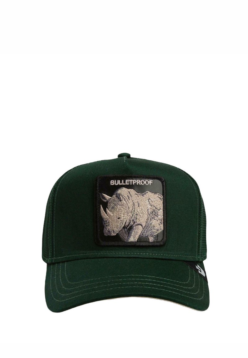 Green cap featuring a rectangular patch with a rhino design and the word "BULLETPROOF." Made from fabric with a structured shape and curved brim.