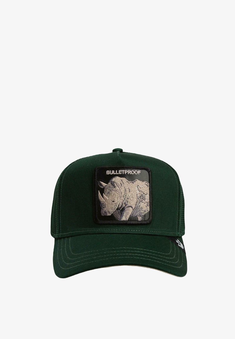 Green cap featuring a rectangular patch with a rhino design and the word "BULLETPROOF." Made from fabric with a structured shape and curved brim.