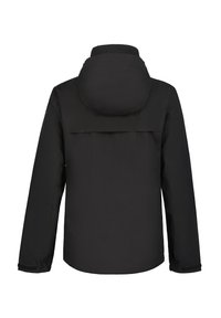 Černá voděodolná bunda s kapucí, dlouhými rukávy a zadním yoke. Vyrobena z hladkého materiálu, nemá žádné viditelné vzory ani kovové prvky.