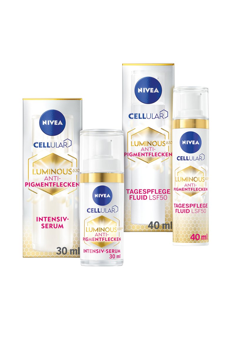 NIVEA Cellular skincare products include two white, pump-dispenser bottles and a box. Features gold accents and vibrant text on packaging.