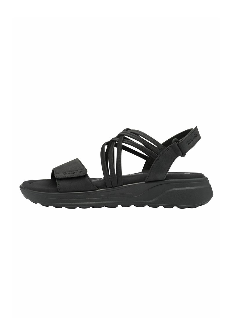 Black sandal with a wide strap and crisscross design. Features a cushioned sole and textured rubber outsole for grip and comfort.