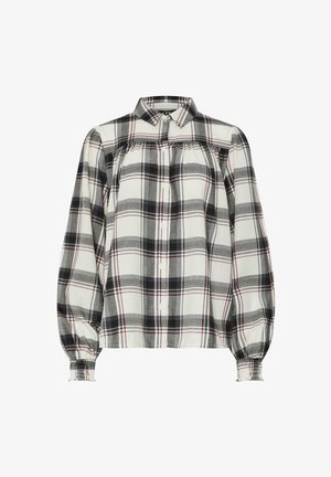 Koszula zapinana na guziki z długimi rękawami, w kratę w kolorach czarnym, białym i czerwonym. Posiada marszczony dekolt oraz elastyczne mankiety.