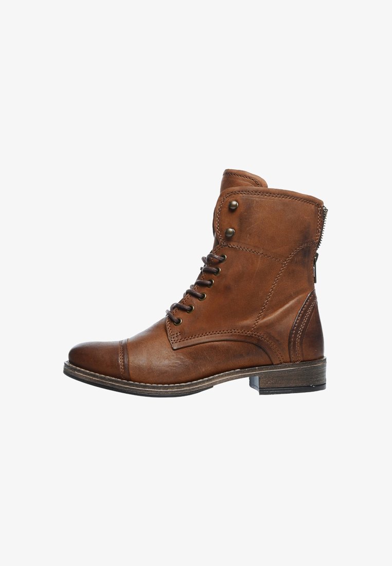 Bottines en cuir marron avec lacets à l'avant, fermeture éclair sur le côté et semelle plate. Caractéristiques : bout arrondi et couture contrastante.