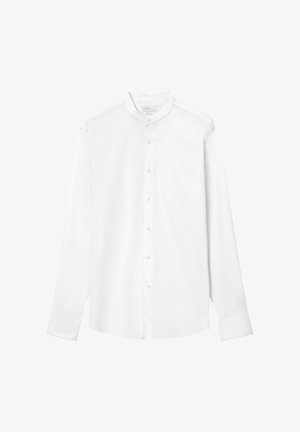 Camicia bianca a maniche lunghe con colletto alla cinese, chiusura con bottoni sul davanti e tessuto liscio e uniforme senza fantasie o accenti.