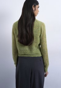 Γυναίκα με μακριά σκούρα μαλλιά που κοιτάζει πίσω, φοράει πράσινο πλεκτό πουλόβερ και σκούρο γκρι παντελόνι μπροστά σε απλό φωτεινό φόντο.