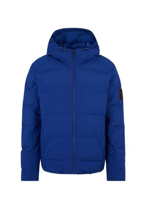 Giacca imbottita blu con cappuccio, dotata di zip frontale e polsini elasticizzati. Include una patch con il logo sulla manica sinistra. Tessuto liscio.