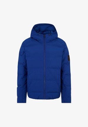 Giacca imbottita blu con cappuccio, dotata di zip frontale e polsini elasticizzati. Include una patch con il logo sulla manica sinistra. Tessuto liscio.