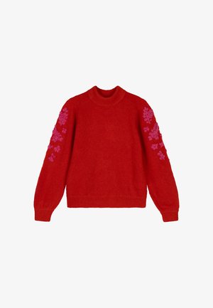 Rode gebreide trui met een hoge halslijn, lange mouwen en bloemenborduurwerk in het roze op de schouders; zachte textuur en een losse pasvorm.