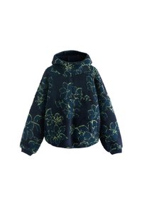 Námořnický fleece mikina s květinovým vzorem v zelené barvě. Obsahuje zipový přední díl, kapuci a klokaní kapsu. Měkká textura a uvolněný střih.