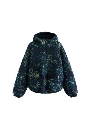Navy fleece hoodie with a floral pattern in green. Features a zip-up front, a hood, and a kangaroo pocket. Soft texture and relaxed fit.