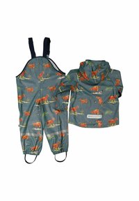 Regnjakke og overalls i en grønlig-blå stof, med farverige mønstre af køer og græs. Inkluderer elastiske manchetter og justerbare stropper.