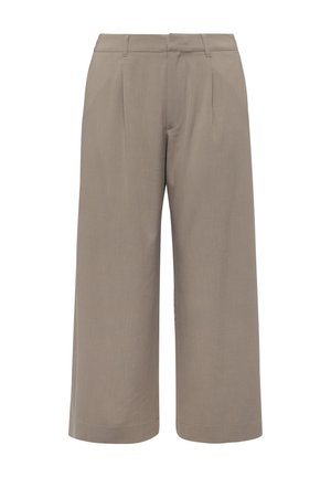 Beige, weit geschnittene, knöchellange Hose mit Gürtelschlaufen, vorderen Falten und Reißverschluss vorne.