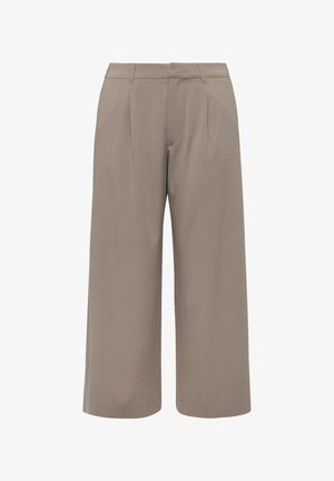 Beige, weit geschnittene, knöchellange Hose mit Gürtelschlaufen, vorderen Falten und Reißverschluss vorne.