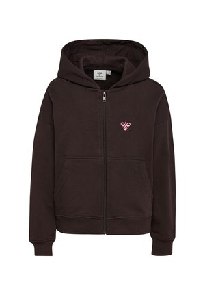 Sort hættejakke med lynlås, forlommer, fasthætte hætte og lille pink bi-logo på venstre bryst.