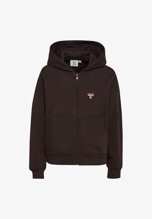Schwarzer Kapuzenpullover mit Reißverschluss, Fronttaschen, angenähter Kapuze und kleinem pinkfarbenem Bienenlogo auf der linken Brustseite.