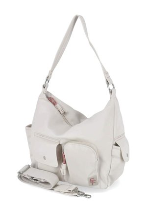 Ecru schoudertas met meerdere rits- en drukknopvakjes, verstelbare schouderband en zilverkleurige details.