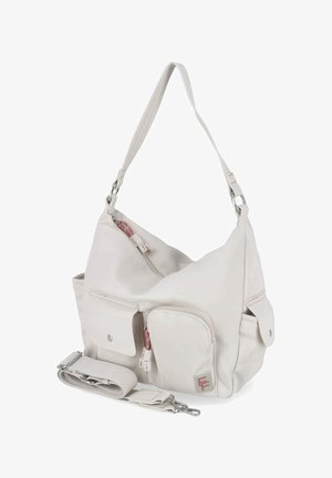 Off-white Schultertasche mit mehreren Reißverschluss- und Druckknopftaschen, verstellbarem Gurt und silberfarbenen Beschlägen.