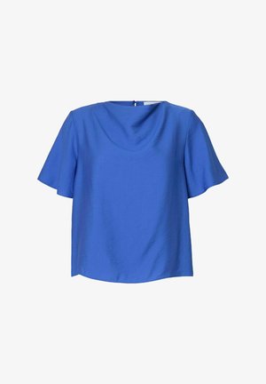 Top s krátkým rukávem v jasně modré barvě. Má kulatý výstřih a volný, uvolněný střih. Hladká textilie s jemným leskem.