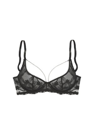 Schwarzer Spitzen-BH mit floralen Mustern, durchsichtigen Cups, verstellbaren Trägern und einem dekorativen Kettenakzent entlang des Ausschnitts.