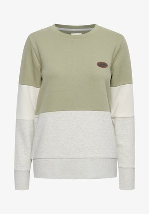 Olive rohelise ja heledat halli värvi dressipluus, millel on värvilaikude kujundus, ümmargune kaelus ja väike pruun logotempel. Pehme puuvilla segu kangas.