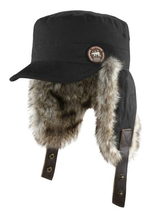 Black outdoor hat with a stiff brim and fur lining. Features a brown patch logo, leather straps, and snap buttons on the sides.