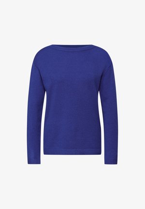 Suéter azul de manga larga hecho de tela de punto suave con escote redondo y ribete acanalado en los puños y el dobladillo.