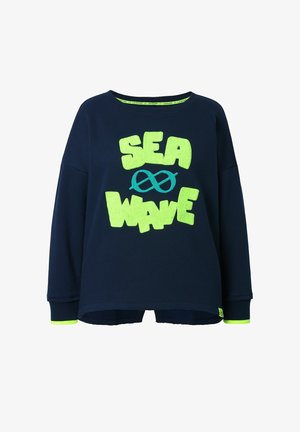 Marineblaue Sweatshirt mit langen Ärmeln, versehen mit neongrünem und blauem Text "SEA WAVE" in fetten Buchstaben und kontrastierenden grünen Akzenten an den Bündchen.