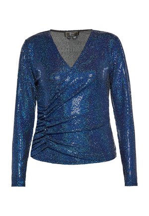 Blå langærmet top med V-udskæring, der har en rynket design og er dækket af skinnende palietter for et tekstureret, reflekterende look.