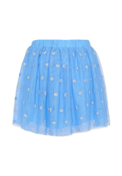 Lichtblauwe tule rok met een elastische tailleband, met daarop geborduurde witte madeliefjes, gelaagd ontwerp en een knielengte.
