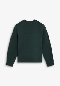 Sudadera de algodón verde, corte relajado, cuello redondo, puños y dobladillo acanalados, textura suave, diseño minimalista, sin logotipos ni adornos visibles.
