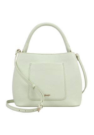 Sac à main en cuir vert clair avec une poignée supérieure, une bandoulière amovible, une poche avant et un petit logo en métal.