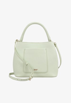 Sac à main en cuir vert clair avec une poignée supérieure, une bandoulière amovible, une poche avant et un petit logo en métal.