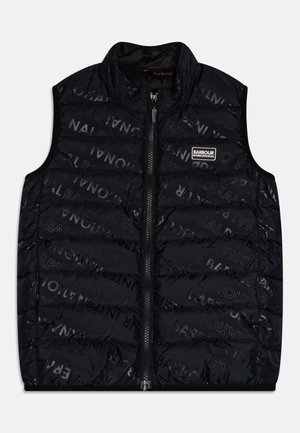 Black puffer vest with quilted design and hidden lettering pattern. Features a zip closure and Barbour label on the chest. Lightweight material.