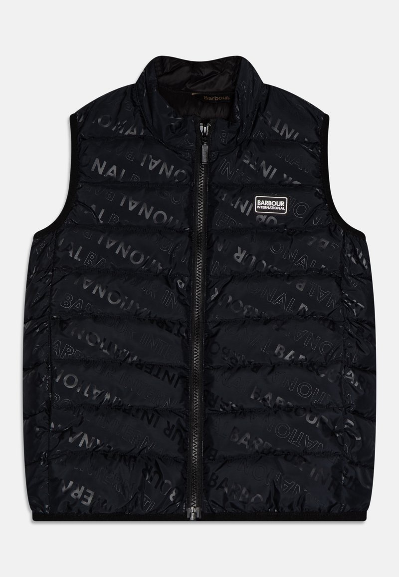 Gilet matelassé noir avec un design en piqué et un motif de lettrage caché. Doté d'une fermeture éclair et d'une étiquette Barbour sur la poitrine. Matière légère.